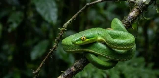 A cobra papagaio verde domina as alturas da Amazônia com um bote acrobático que desafia a gravidade no dossel florestal A imagem captura uma cobra-papagaio verde vibrante (Leptophis ahaetulla), perfeitamente camuflada e enrolada em espirais apertadas em um galho fino de árvore na floresta tropical. O galho está coberto por líquens e musgo úmido. A cobra está posicionada no centro da imagem, e seu corpo flexível e escamado envolve o galho. Suas escamas verde-esmeralda são incrivelmente detalhadas, com tons de verde-limão e amarelo claro na parte inferior. A cabeça da cobra está voltada para o observador, e seus grandes olhos amarelos-claros com pupilas verticais distintas estão focados na lente, criando um olhar penetrante. O fundo da floresta úmida é densamente verde, mas completamente desfocado, com folhagem de samambaias e folhas tropicais em vários tons de verde e preto, criando uma atmosfera misteriosa e profunda. A iluminação é natural e suave, filtrada pela copa das árvores, realçando a textura e a cor da cobra. A profundidade de campo é extremamente rasa, focando apenas na cobra e no galho