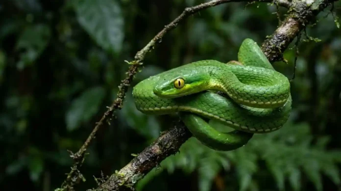 A imagem captura uma cobra-papagaio verde vibrante (Leptophis ahaetulla), perfeitamente camuflada e enrolada em espirais apertadas em um galho fino de árvore na floresta tropical. O galho está coberto por líquens e musgo úmido. A cobra está posicionada no centro da imagem, e seu corpo flexível e escamado envolve o galho. Suas escamas verde-esmeralda são incrivelmente detalhadas, com tons de verde-limão e amarelo claro na parte inferior. A cabeça da cobra está voltada para o observador, e seus grandes olhos amarelos-claros com pupilas verticais distintas estão focados na lente, criando um olhar penetrante. O fundo da floresta úmida é densamente verde, mas completamente desfocado, com folhagem de samambaias e folhas tropicais em vários tons de verde e preto, criando uma atmosfera misteriosa e profunda. A iluminação é natural e suave, filtrada pela copa das árvores, realçando a textura e a cor da cobra. A profundidade de campo é extremamente rasa, focando apenas na cobra e no galho
