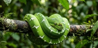 A fascinante biologia da cobra-papagaio verde revela como serpentes arborícolas dominam o dossel da Amazônia com precisão e elegância