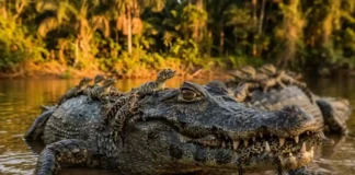 A dedicação do jacaré-açu ao carregar seus filhotes na boca revela o lado mais protetor da rica biodiversidade amazônica