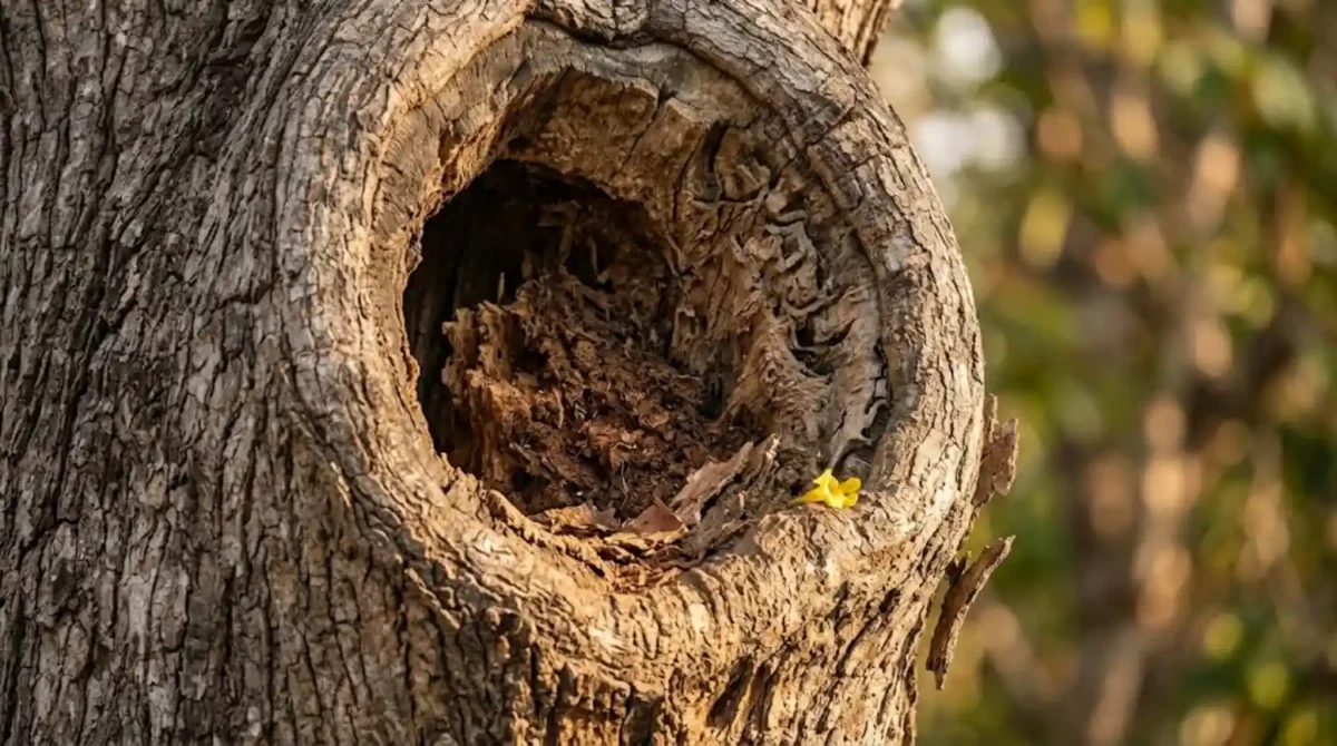Detalhe de uma cavidade natural em tronco de ipê-amarelo, mostrando o desgaste natural da madeira