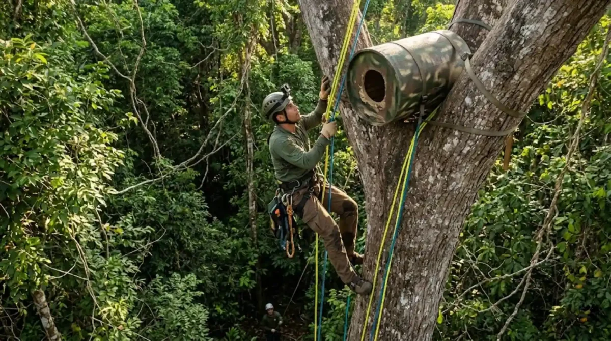 Biólogo subindo em árvore alta por meio de cordas para realizar a manutenção de um ninho artificial