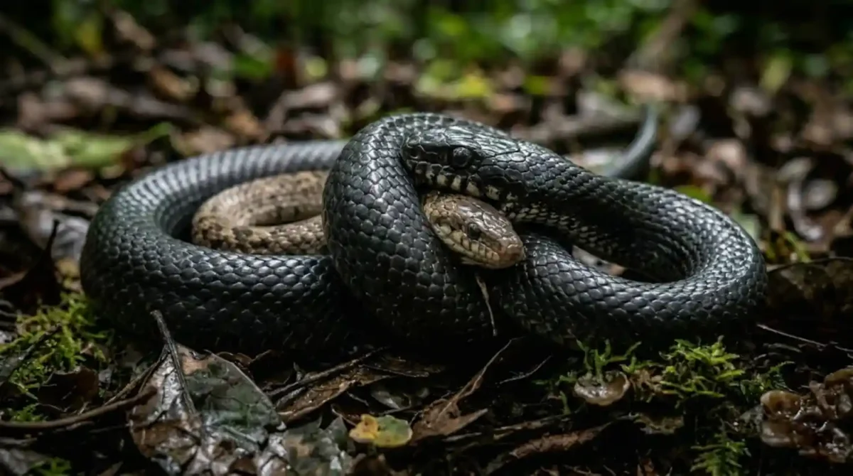 Registro de uma mussurana negra imobilizando uma serpente menor através da constrição