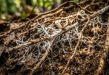 Castaños de Brasil: hubs de nutrientes en el suelo de Pará Corte transversal de solo florestal mostrando a teia branca de fungos micorrízicos entrelaçada em raízes