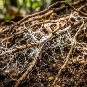 Castanheiras operam como “hubs” de nutrientes no Pará Corte transversal de solo florestal mostrando a teia branca de fungos micorrízicos entrelaçada em raízes