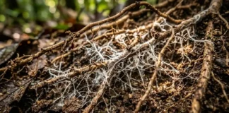 Castanheiras operam como “hubs” de nutrientes no Pará Corte transversal de solo florestal mostrando a teia branca de fungos micorrízicos entrelaçada em raízes