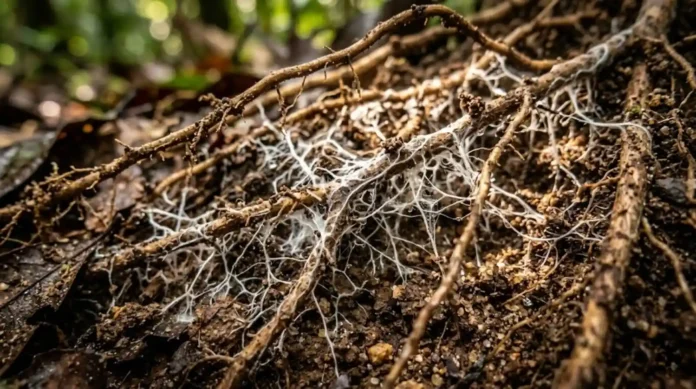 Corte transversal de solo florestal mostrando a teia branca de fungos micorrízicos entrelaçada em raízes