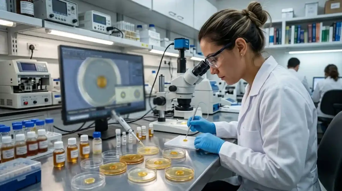 Pesquisadora em laboratório analisando amostras de mel de abelhas nativas em placas de Petri