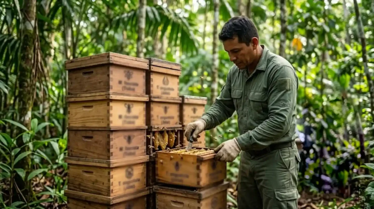 Meliponicultor manejando caixas racionais de abelhas sem ferrão em um sistema agroflorestal
