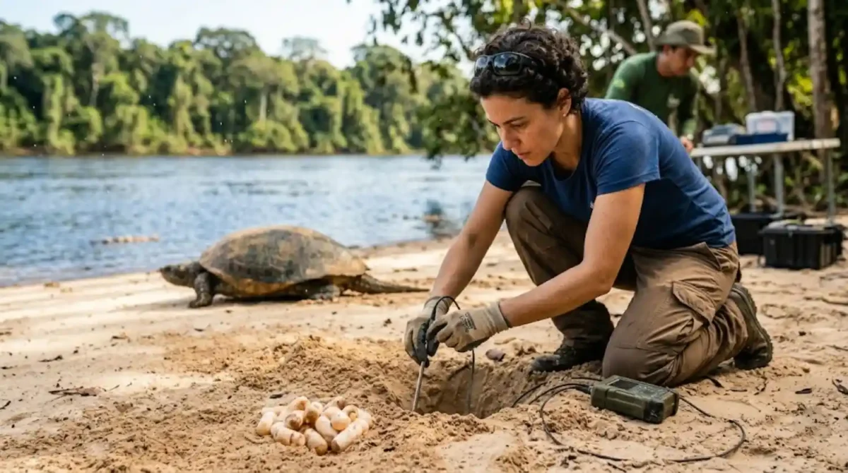 Tartaruga-da-Amazônia e os segredos enterrados na areia 1 Pesquisa do INPA nas praias do Solimões revela como a temperatura da areia define o sexo dos filhotes de tartaruga-da-amazônia e como o clima pode desequilibrar