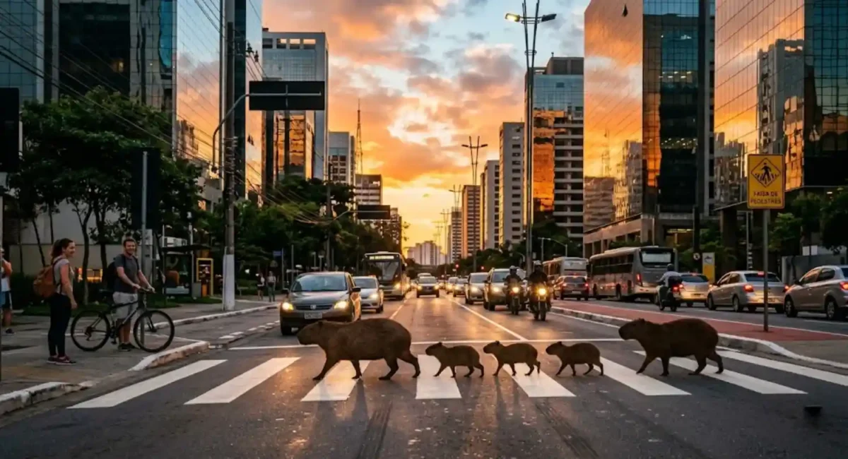 Uma família de capivaras atravessando uma faixa de pedestres em frente a prédios espelhados durante o pôr do sol.