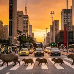Como a destruição de corredores ecológicos ancestrais empurrou a capivara para o centro das maiores metrópoles do Brasil Uma família de capivaras atravessando uma faixa de pedestres em frente a prédios espelhados durante o pôr do sol.