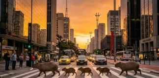 Como a destruição de corredores ecológicos ancestrais empurrou a capivara para o centro das maiores metrópoles do Brasil Uma família de capivaras atravessando uma faixa de pedestres em frente a prédios espelhados durante o pôr do sol.