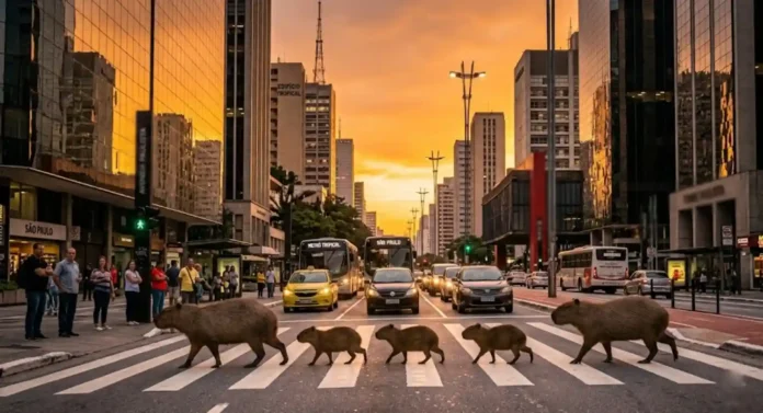 Uma família de capivaras atravessando uma faixa de pedestres em frente a prédios espelhados durante o pôr do sol.