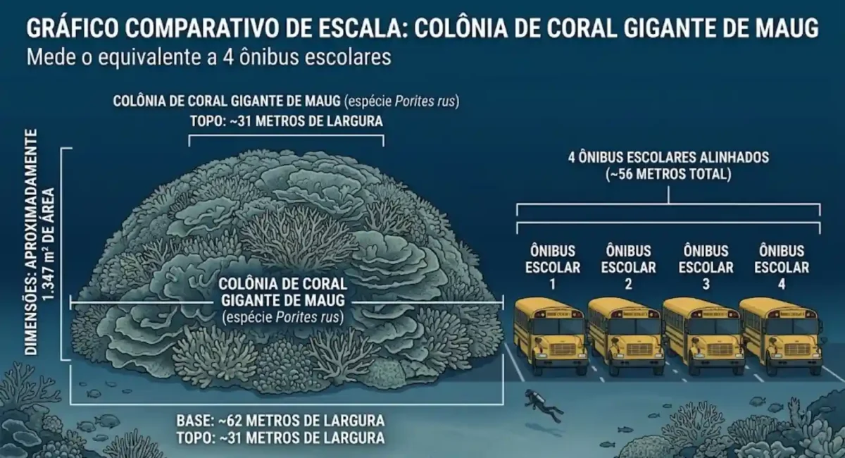 Gigante milenar descoberto vivo tem tamanho de 4 ônibus escolares 2 [Descrição Imagem Apoio 2: Gráfico comparativo mostrando o coral de Maug ao lado de quatro ônibus escolares.