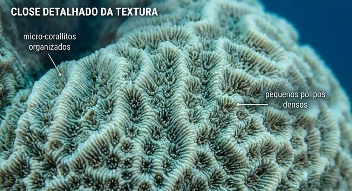 [Descrição Imagem Apoio 1: Close detalhado da textura da espécie Porites rus mostrando pequenos pólipos organizados.]