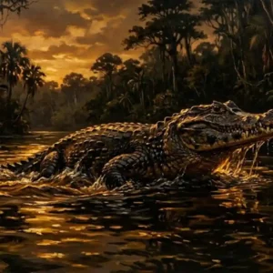 O gigante jacaré-açu protege os rios amazônicos garantindo o equilíbrio fundamental de todas as espécies de peixes Jacaré-açu emergindo da água escura ao entardecer — óleo sobre tela chiaroscuro dramático reflexos cor âmbar na superfície