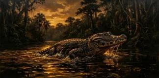 O gigante jacaré-açu protege os rios amazônicos garantindo o equilíbrio fundamental de todas as espécies de peixes Jacaré-açu emergindo da água escura ao entardecer — óleo sobre tela chiaroscuro dramático reflexos cor âmbar na superfície