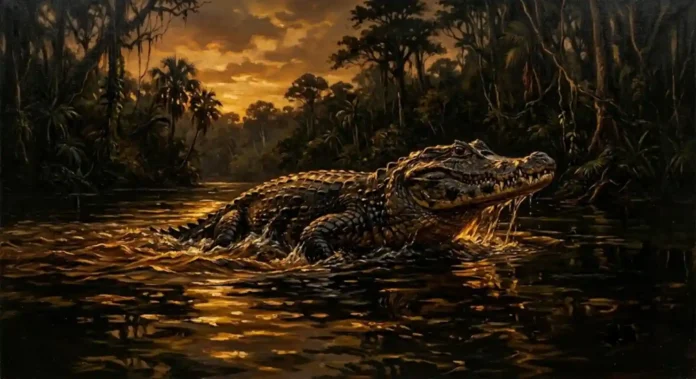Jacaré-açu emergindo da água escura ao entardecer — óleo sobre tela chiaroscuro dramático reflexos cor âmbar na superfície