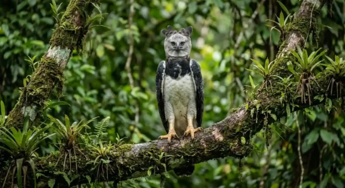 Fotografia wildlife realista harpia adulta em galho mossoso olhando direto para a câmera floresta densa desfocada fundo luz natural