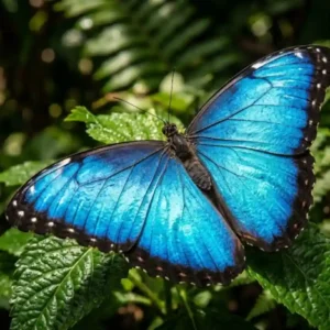 A borboleta Morpho azul utiliza nanoestruturas complexas em suas asas para refletir a luz solar nas florestas tropicais da Amazônia Fotografia macro de uma borboleta Morpho com asas abertas revelando iridescência azul metálica sob luz solar intensa em fundo de folhagens densas.