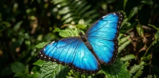 A borboleta Morpho azul utiliza nanoestruturas complexas em suas asas para refletir a luz solar nas florestas tropicais da Amazônia Fotografia macro de uma borboleta Morpho com asas abertas revelando iridescência azul metálica sob luz solar intensa em fundo de folhagens densas.