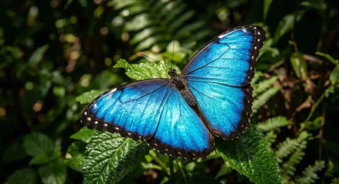 Fotografia macro de uma borboleta Morpho com asas abertas revelando iridescência azul metálica sob luz solar intensa em fundo de folhagens densas.