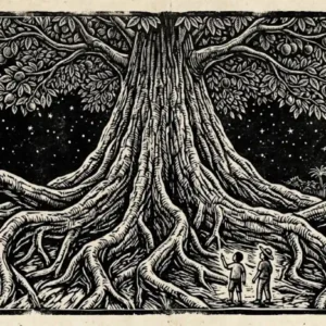 A castanheira gigante do Pará depende intrinsecamente da abelha eulaema e da cutia para sua reprodução na floresta amazônica Uma gravura em madeira de alto contraste, no estilo da 'literatura de cordel', que amplia a interação entre uma abelha Eulaema e uma flor de castanheira. A abelha Eulaema, com seu corpo grande e robusto, é mostrada em pleno ato de polinização, usando sua força para abrir as pétalas complexas de uma flor de castanheira e alcançar o néctar e o pólen. Seu corpo está coberto de grãos de pólen, e linhas expressivas de movimento em ziguezague indicam sua ação. O interior da flor é detalhado, com estames e pistilos visíveis. O fundo é um dossel denso de outras flores e folhas, tudo em preto e branco com padrões geométricos e texturas ásperas. A dramaticidade é acentuada pela iluminação de alto contraste.