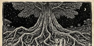 A castanheira gigante do Pará depende intrinsecamente da abelha eulaema e da cutia para sua reprodução na floresta amazônica Uma gravura em madeira de alto contraste, no estilo da 'literatura de cordel', que amplia a interação entre uma abelha Eulaema e uma flor de castanheira. A abelha Eulaema, com seu corpo grande e robusto, é mostrada em pleno ato de polinização, usando sua força para abrir as pétalas complexas de uma flor de castanheira e alcançar o néctar e o pólen. Seu corpo está coberto de grãos de pólen, e linhas expressivas de movimento em ziguezague indicam sua ação. O interior da flor é detalhado, com estames e pistilos visíveis. O fundo é um dossel denso de outras flores e folhas, tudo em preto e branco com padrões geométricos e texturas ásperas. A dramaticidade é acentuada pela iluminação de alto contraste.