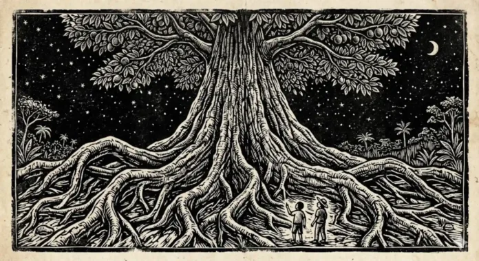 Uma gravura em madeira de alto contraste, no estilo da 'literatura de cordel', que amplia a interação entre uma abelha Eulaema e uma flor de castanheira. A abelha Eulaema, com seu corpo grande e robusto, é mostrada em pleno ato de polinização, usando sua força para abrir as pétalas complexas de uma flor de castanheira e alcançar o néctar e o pólen. Seu corpo está coberto de grãos de pólen, e linhas expressivas de movimento em ziguezague indicam sua ação. O interior da flor é detalhado, com estames e pistilos visíveis. O fundo é um dossel denso de outras flores e folhas, tudo em preto e branco com padrões geométricos e texturas ásperas. A dramaticidade é acentuada pela iluminação de alto contraste.