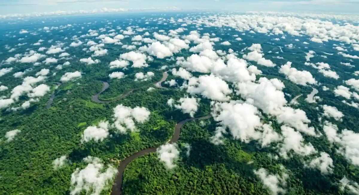 Vista aérea da floresta amazônica com nuvens baixas formando sobre o dossel — fotografia satelital estilizada tons verdes intensos e nuvens brancas volumosas