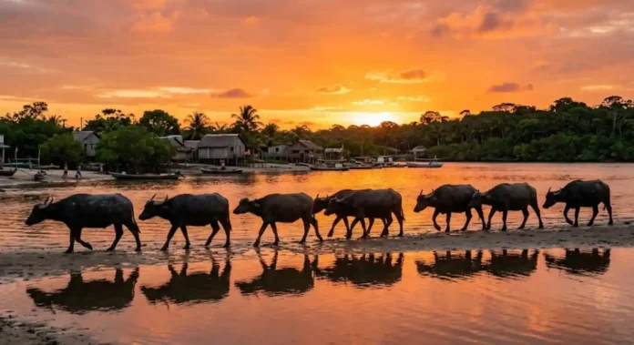 Búfalos caminhando na orla de vila marajoara ao pôr do sol céu laranja reflexo na água
