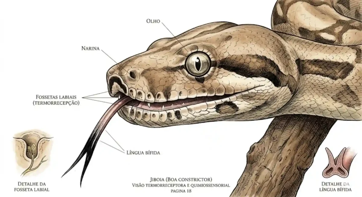 Jiboia em galho com língua bífida para fora close no focinho mostrando fossetas labiais — ilustração científica naturalista fundo branco detalhes anatômicos precisos