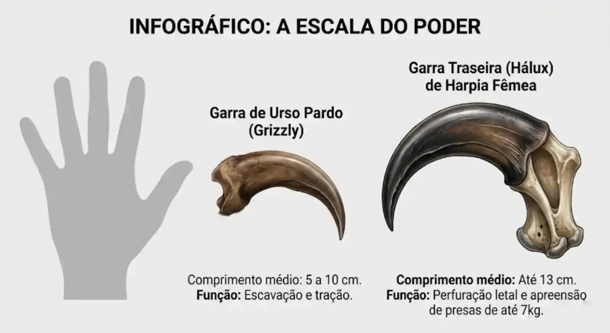 INFOGRÁFICO: A ESCALA DO PODER[Descrição Visual: Um infográfico limpo, em fundo branco ou neutro. Três elementos alinhados horizontalmente para comparação direta.]Mão Humana Adulta (Média): (Silhueta cinza claro, para referência).Garra de Urso Pardo (Grizzly): (Ilustração realista de uma única garra curva). Texto: "Comprimento médio: 5 a 10 cm. Função: Escavação e tração."Garra Traseira (Hálux) de Harpia Fêmea: (Ilustração realista, mostrando o osso e a queratina preta afiada, substancialmente maior e mais curva que a do urso). Texto: "Comprimento médio: Até 13 cm. Função: Perfuração letal e apreensão de presas de até 7kg."