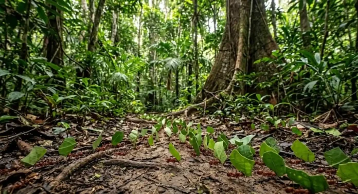 A formiga saúva (Atta sexdens) é capaz de carregar fragmentos de folhas que pesam até cinquenta vezes o seu próprio peso corporal. Esse feito extraordinário de força pura, que se traduziria para um ser humano carregar um automóvel de médio porte nas costas por quilômetros, é apenas o início da fascinante engenharia biológica desta espécie. Quando observadas individualmente, as operárias parecem motivadas por um impulso frenético, mas a verdadeira maravilha reside na organização coletiva que transforma milhões de indivíduos em um único superorganismo perfeitamente coordenado. A ciência reconhece que a eficiência dessas formigas não depende apenas da força, mas sim de uma infraestrutura de transporte meticulosamente mantida. Nas profundezas da floresta amazônica, as colônias de saúva constroem rodovias complexas que se estendem por centenas de metros a partir do formigueiro. Essas rotas de transporte não são simples caminhos na terra batida; elas são verdadeiras obras de engenharia que facilitam o movimento de um exército de operárias. A organização das trilhas da saúva inclui, surpreendentemente, faixas de ida e volta separadas, permitindo que as formigas que transportam folhas pesadas não colidam com as operárias que retornam vazias. Estudos indicam que esse sistema de divisão de tráfego reduz o tempo de transporte e otimiza a coleta de recursos, aumentando a eficiência da colônia como um todo. A limpeza permanente da trilha por operárias especializadas é outra característica marcante, com remoção constante de pedriscos, gravetos e folhas que possam obstruir a passagem. A coordenação desse tráfego intenso e a manutenção da infraestrutura de transporte são realizadas através de um sistema de comunicação sofisticado, baseado no uso de substâncias químicas chamadas feromônios. Cada operária que encontra uma fonte de alimento deita uma trilha de feromônio ao retornar ao formigueiro, servindo como um guia para as outras. A concentração do feromônio indica a qualidade e a abundância do recurso, atraindo mais ou menos operárias para a coleta. A formiga saúva usa esse feromônio de trilha para manter a integridade da rota, e a persistência desse odor permite que a colônia recrute rapidamente milhares de indivíduos para um local específico, adaptando-se às mudanças no ambiente de forma ágil e eficaz. Esse sistema de comunicação química é a base do formiga saúva feromônio trilha, garantindo que as informações cruciais circulem rapidamente entre os membros da colônia. O sucesso da saúva trilhas organização tráfego reflete diretamente na estrutura e funcionamento da colônia como um todo, um exemplo clássico de um superorganismo. Um formigueiro maduro pode abrigar milhões de indivíduos, divididos em castas com funções específicas, desde operárias que cortam e transportam folhas até soldados que defendem a colônia. A ciência reconhece que essa divisão de trabalho, combinada com o eficiente sistema de transporte, permite que as saúvas explorem vastas áreas da floresta, consumindo grandes quantidades de material vegetal. Esse comportamento tem um impacto significativo no ecossistema amazônico, influenciando a dispersão de sementes, a ciclagem de nutrientes e a composição da vegetação, demonstrando a importância vital deste superorganismo para a biodiversidade da floresta. A eficiência do sistema de transporte das saúvas é um modelo de sustentabilidade e adaptabilidade que pode inspirar soluções para os desafios humanos. A capacidade desses insetos de organizar o tráfego de milhões de indivíduos de forma eficiente, sem congestionamentos ou acidentes, é um exemplo de inteligência coletiva que pode ser aplicada em diversas áreas, desde a logística até o desenvolvimento de sistemas de transporte inteligentes. A ciência reconhece que a formiga saúva é um organismo fascinante que merece ser estudado e compreendido, não apenas pela sua importância ecológica, mas também pelas lições que pode nos ensinar sobre a organização social e a eficiência do transporte em larga escala. A compreensão da complexidade da formiga saúva nos leva a um profundo respeito por essas criaturas e pela intrincada rede de vida que compõe a Amazônia. A existência de rodovias complexas e de um sistema de divisão de tráfego em formigas, que sobrevivem e prosperam há milhões de anos, nos convida a refletir sobre a importância da cooperação e da organização social na busca por soluções para os desafios que enfrentamos. A preservação da biodiversidade amazônica é essencial para garantir a sobrevivência de espécies como a saúva e para manter o equilíbrio ecológico que sustenta a vida no planeta. Ao observarmos a imensidão da floresta amazônica, somos lembrados de que as menores criaturas podem guardar os maiores segredos, inspirando-nos a buscar harmonia e eficiência na complexidade da vida. BOX LATERAL O cultivo de fungo pela saúva As folhas cortadas pelas saúvas não são consumidas diretamente. Elas são transportadas para o formigueiro e usadas como substrato para o cultivo de um fungo específico. As formigas saúvas cuidam do fungo, removendo outros microrganismos e fornecendo nutrientes através de suas próprias fezes e secreções salivares. O fungo quebra a celulose das folhas e as formigas se alimentam de partes específicas desse fungo. Essa relação mutualística é fundamental para a sobrevivência da colônia.