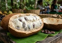 Cupuazú: cinco mil años de domesticación indígena en la Amazonía fruto de cupuaçu aberto mostrando polpa branca e sementes