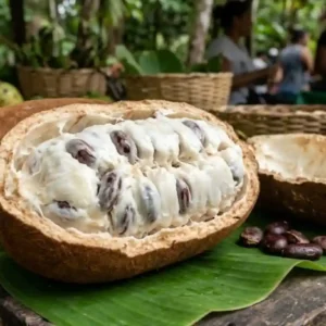 Como os povos indígenas da Amazônia transformaram o cupuaçu ao longo de cinco mil anos de domesticação histórica fruto de cupuaçu aberto mostrando polpa branca e sementes