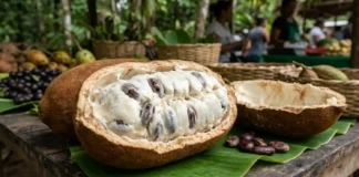 Como os povos indígenas da Amazônia transformaram o cupuaçu ao longo de cinco mil anos de domesticação histórica fruto de cupuaçu aberto mostrando polpa branca e sementes