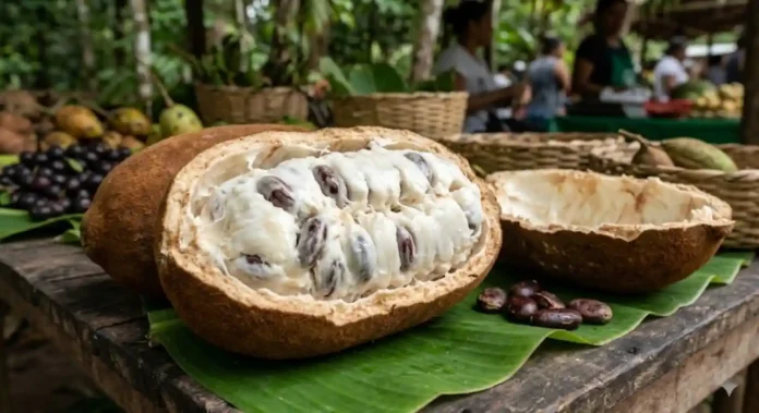 fruto de cupuaçu aberto mostrando polpa branca e sementes