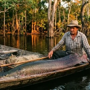 Como o gigante pirarucu e o manejo comunitário revolucionam a economia sustentável nos lagos do Amazonas Fotografia documental na luz da tarde de um pescador ribeirinho em canoa com pirarucu recém-pescado em lago de igapó floresta inundada ao fundo.