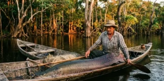 Como o gigante pirarucu e o manejo comunitário revolucionam a economia sustentável nos lagos do Amazonas Fotografia documental na luz da tarde de um pescador ribeirinho em canoa com pirarucu recém-pescado em lago de igapó floresta inundada ao fundo.