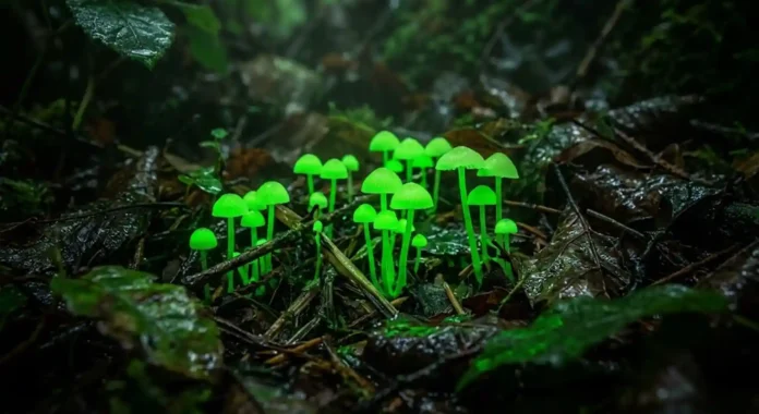 pequenos cogumelos de cor neon esverdeada brilhando intensamente sobre folhagens escuras e úmidas