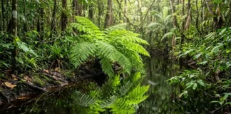 A incrível samambaia gigante amazônica que cresce nas margens dos igarapés e limpa metais pesados da água Fotografia em close de uma imponente samambaia verde brilhante refletida nas águas escuras de um igarapé amazônico sob luz solar filtrada.