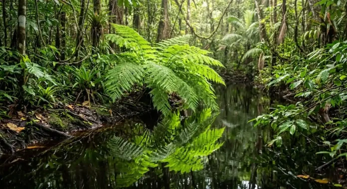 samambaia verde brilhante refletida nas águas escuras de um igarapé amazônico sob luz solar filtrada. Fotografia em close de uma imponente samambaia verde brilhante refletida nas águas escuras de um igarapé amazônico sob luz solar filtrada.