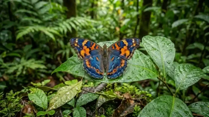 uma borboleta colorida com a floresta densa e úmida ao fundo