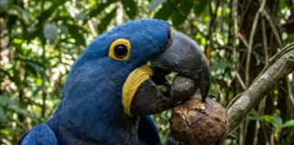 O comportamento de inteligência da arara azul grande que utiliza pedras para quebrar cocos e encanta a primatologia