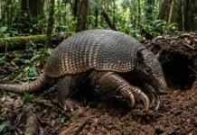 O tatu-canastra constrói tocas gigantescas que funcionam como abrigo vital para dezenas de outras espécies na floresta amazônica