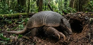 O tatu-canastra constrói tocas gigantescas que funcionam como abrigo vital para dezenas de outras espécies na floresta amazônica