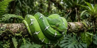 Como a cobra-papagaio utiliza sua camuflagem cromática e biologia evolutiva para dominar o dossel da Floresta Amazônica