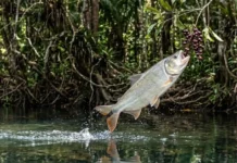 Como a matrinxã salta fora da água para comer frutas das árvores nas margens dos rios da Floresta Amazônica